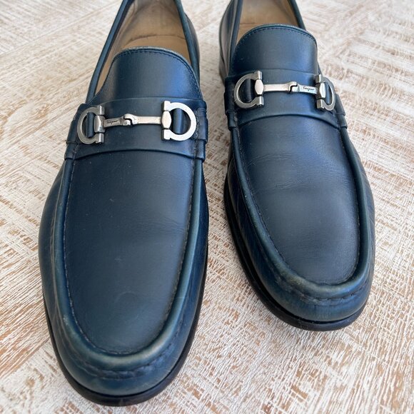 Salvatore Ferragamo Men's Dark Blue Leather Horse Bit Penny Loafer Size 10 1/2 D - Picture 5 of 13